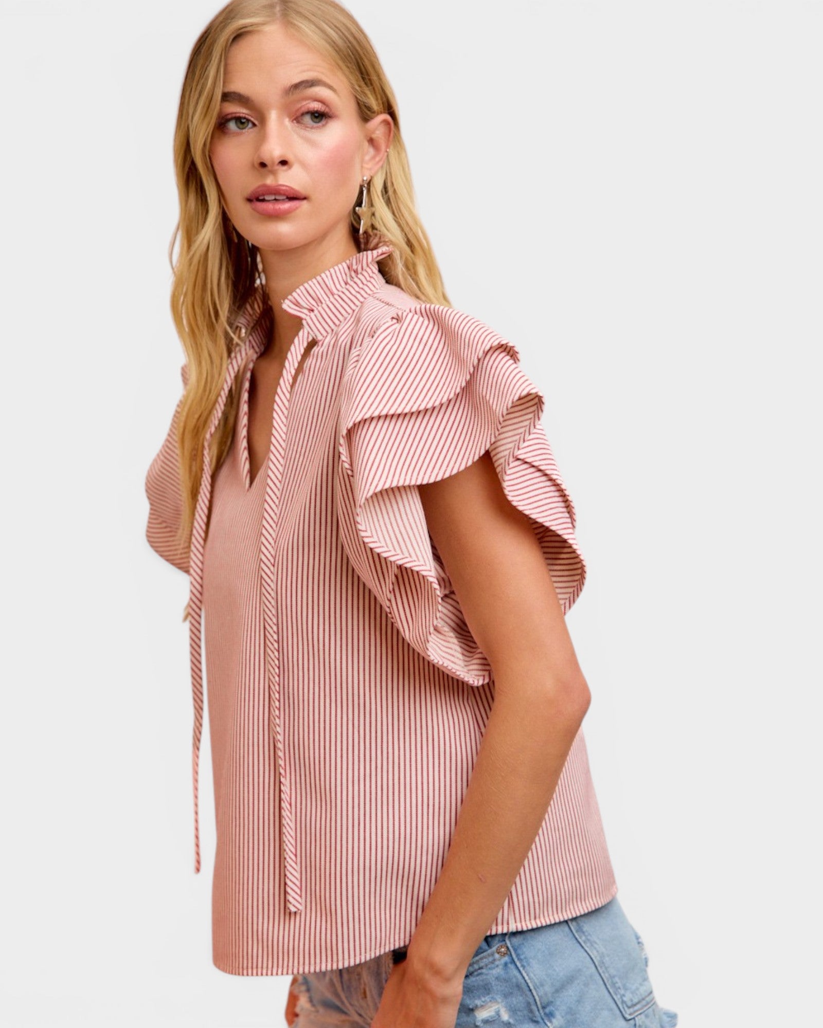 Rose Stripe Ruffle Sleeve Blouse