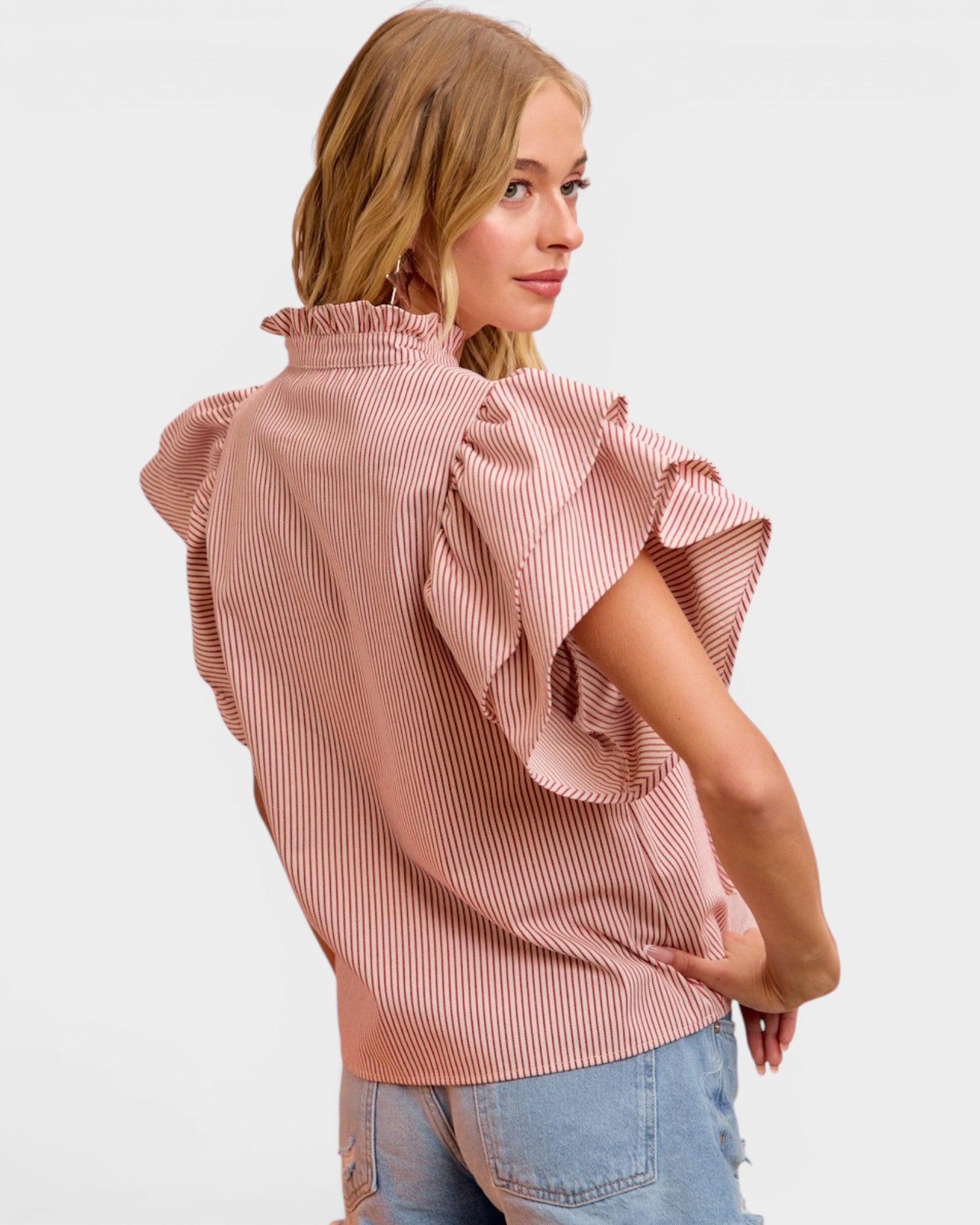 Rose Stripe Ruffle Sleeve Blouse