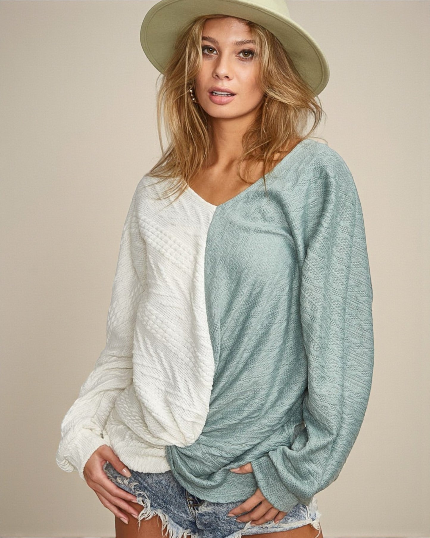 Ivory & Sage Colorblock Twist Front Top