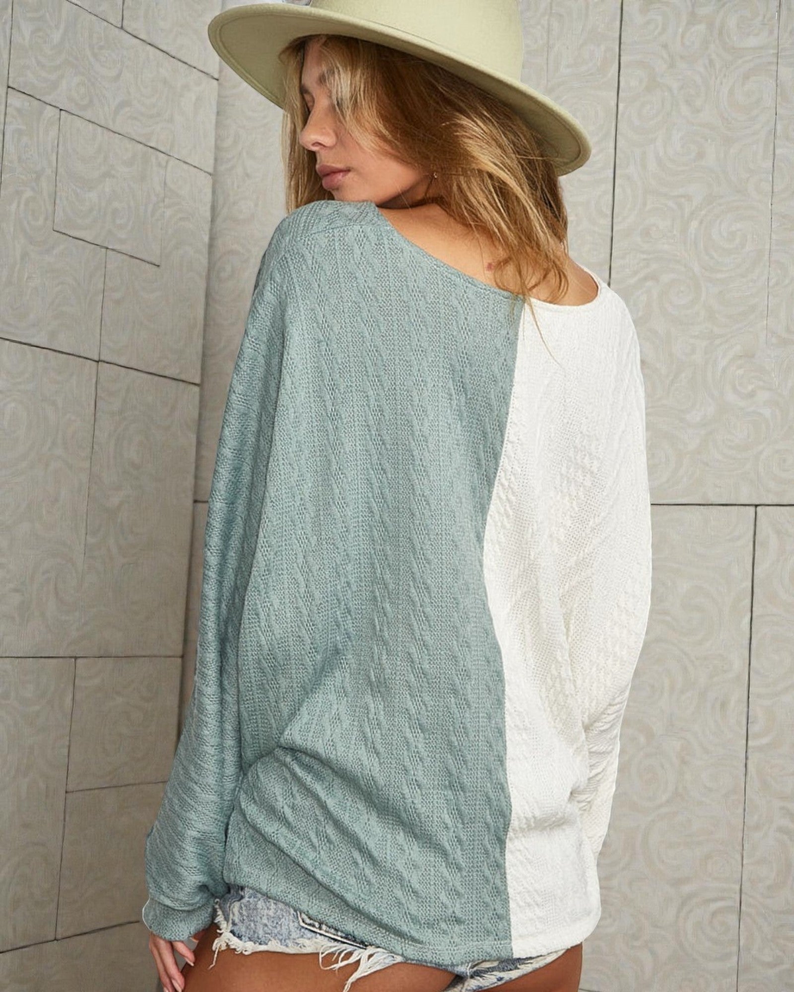 Ivory & Sage Colorblock Twist Front Top