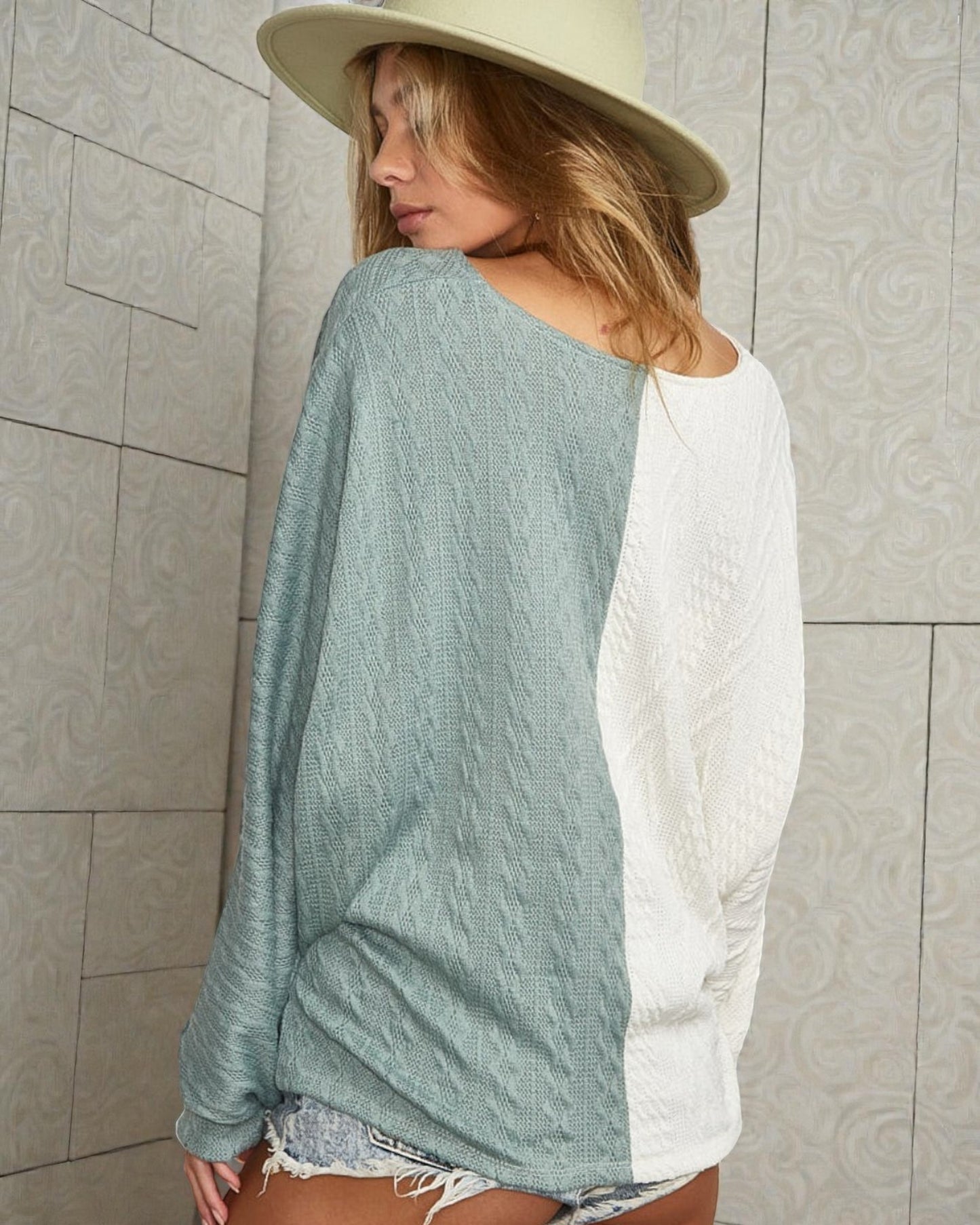 Ivory & Sage Colorblock Twist Front Top