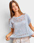 Woman wearing a light blue crochet top against a plain background