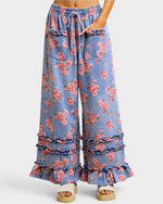 Denim Floral Ruffle Wide Leg Pants