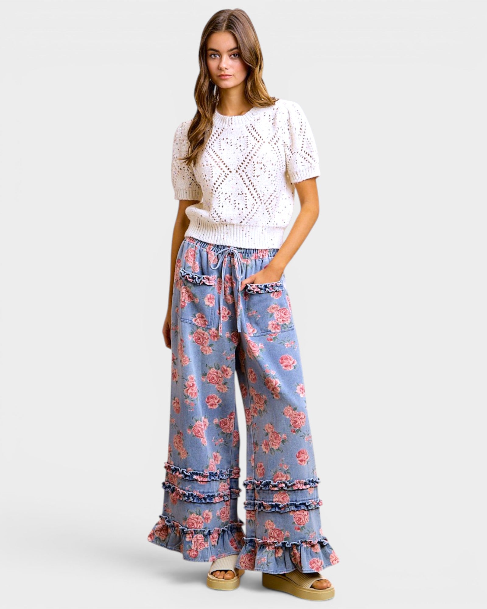 Denim Floral Ruffle Wide Leg Pants