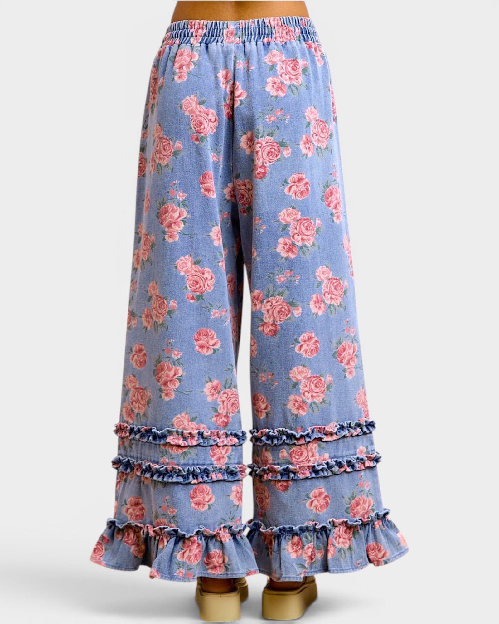 Denim Floral Ruffle Wide Leg Pants