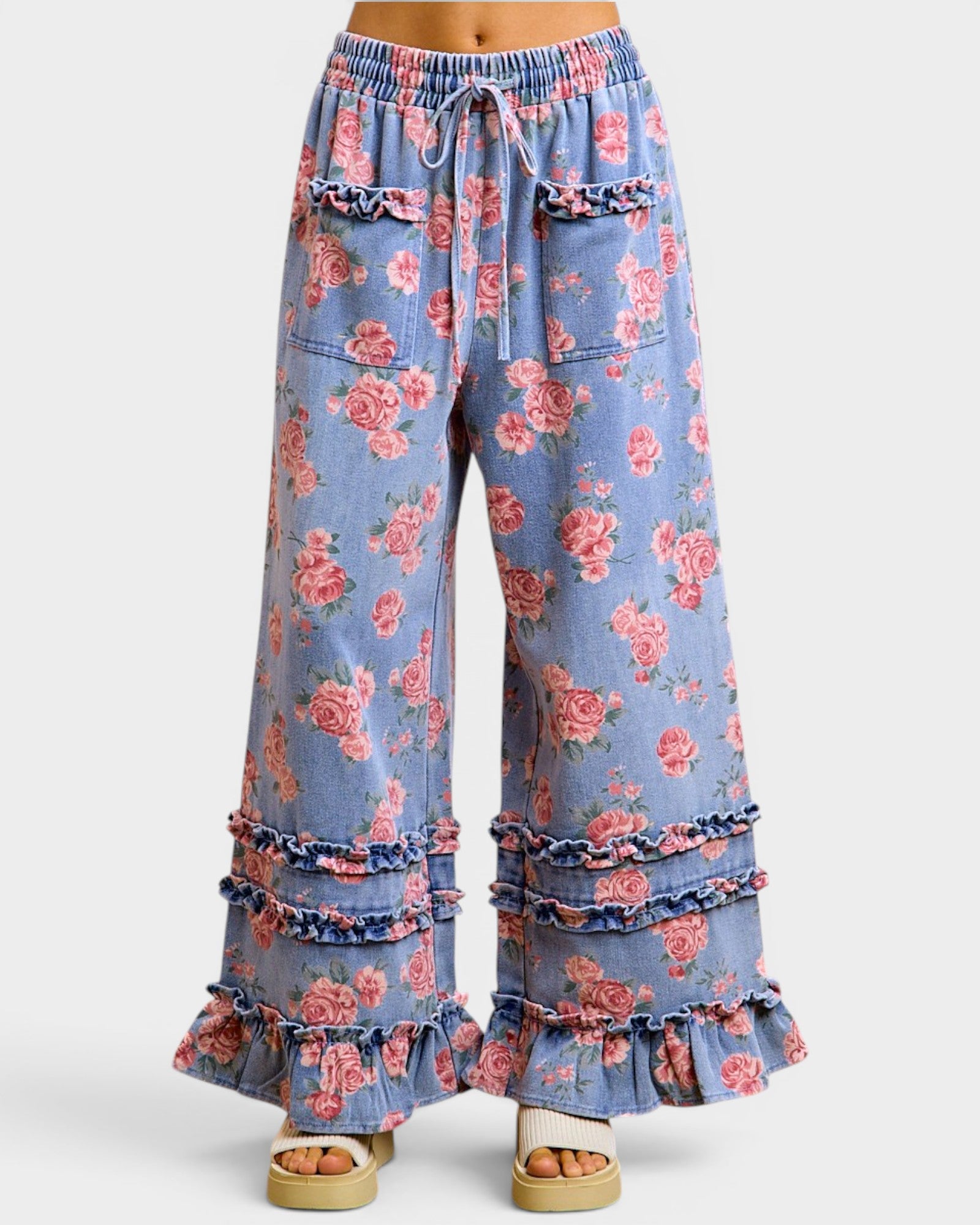Denim Floral Ruffle Wide Leg Pants