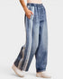 Blue denim pants with white lace trim on a light gray background