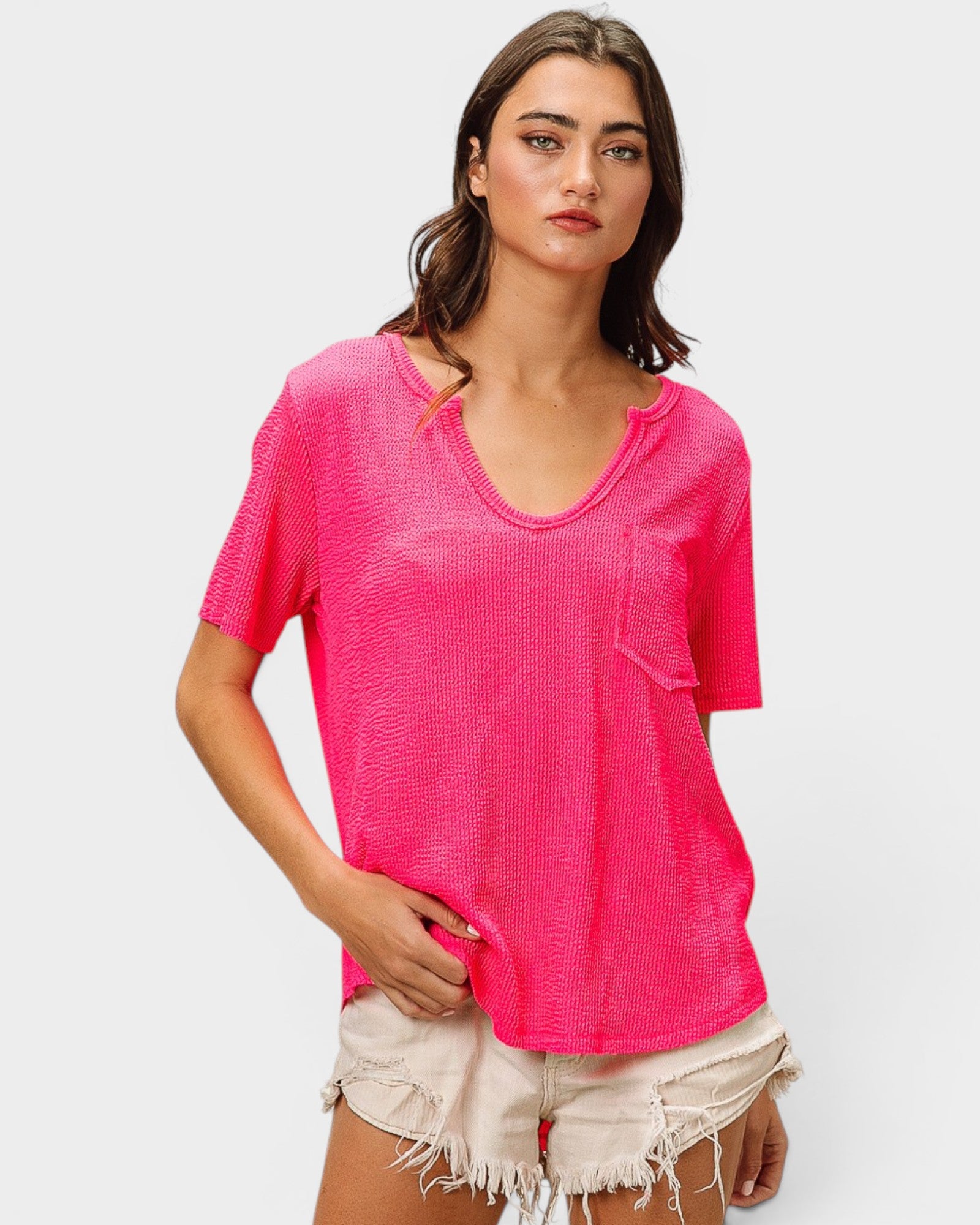 Hot Pink Textured Short Sleeve Top