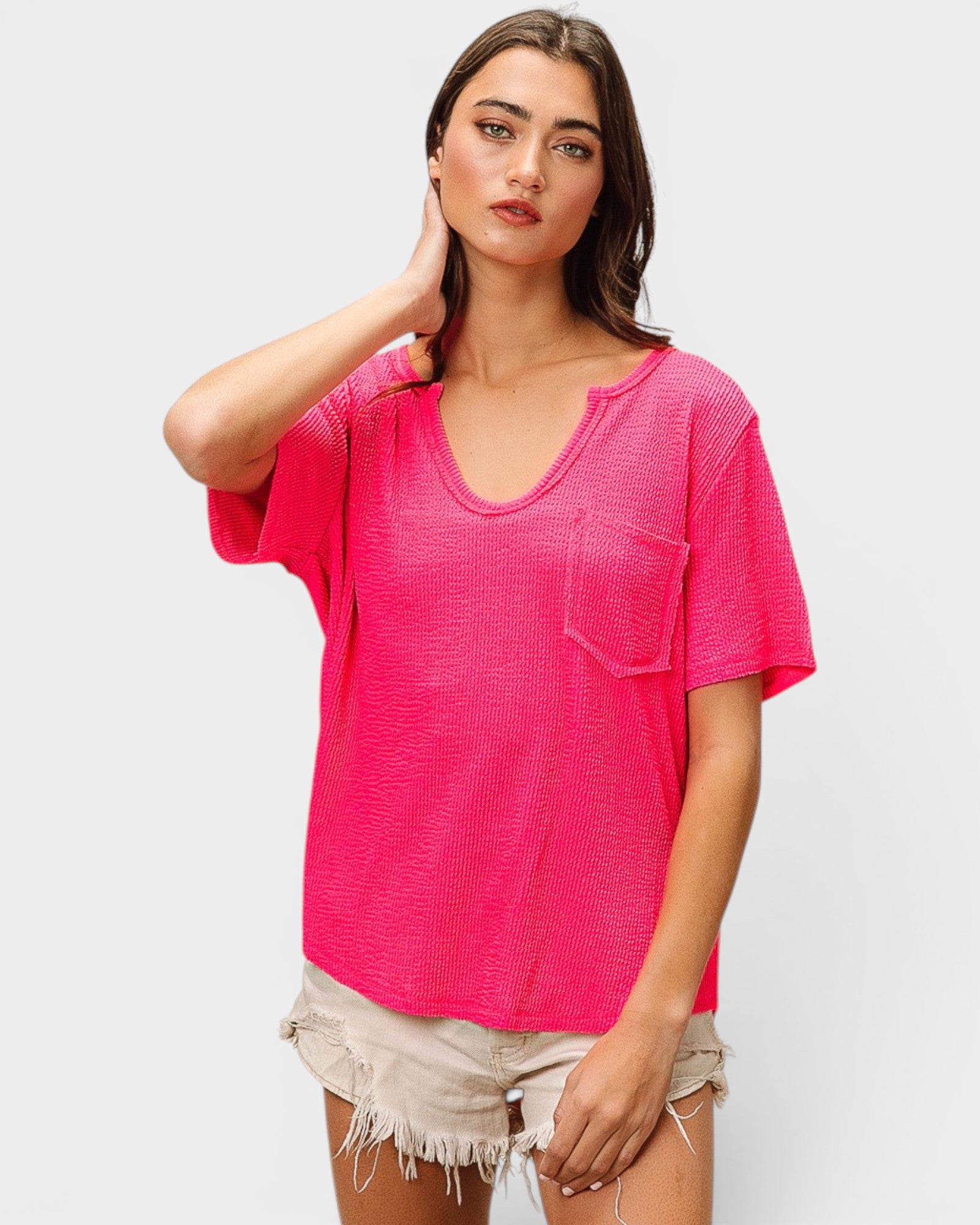 Hot Pink Textured Short Sleeve Top