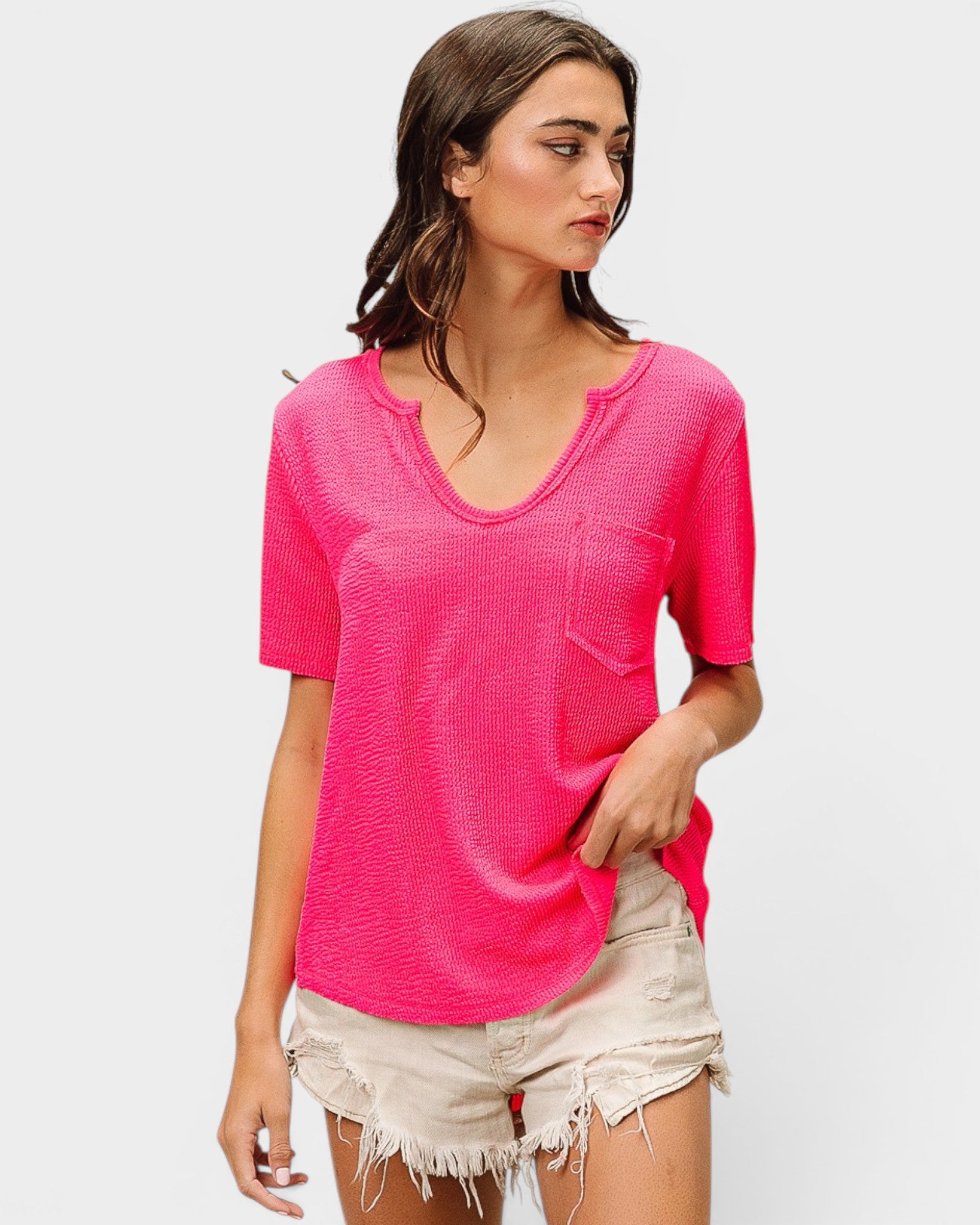 Hot Pink Textured Short Sleeve Top