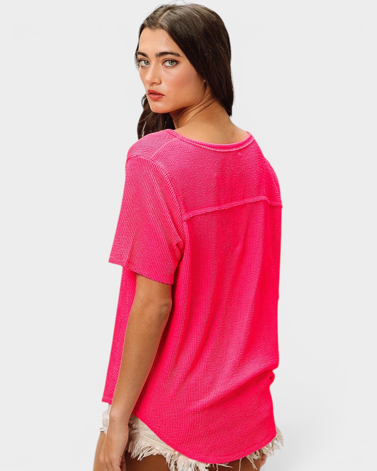 Hot Pink Textured Short Sleeve Top