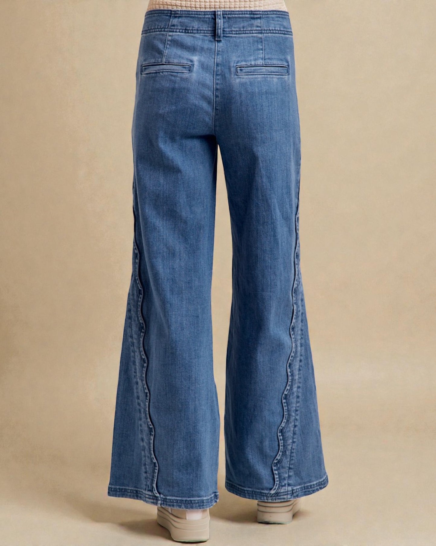 Medium Wash Scallop Seam Wide Leg Jeans