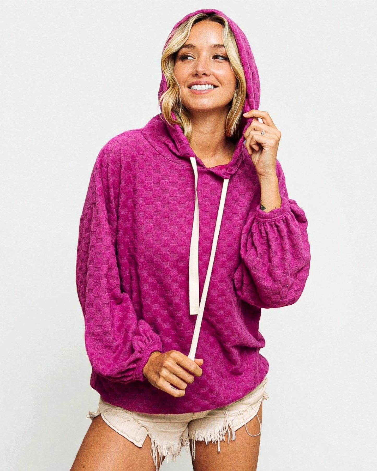 Magenta Textured Drawstring Hoodie