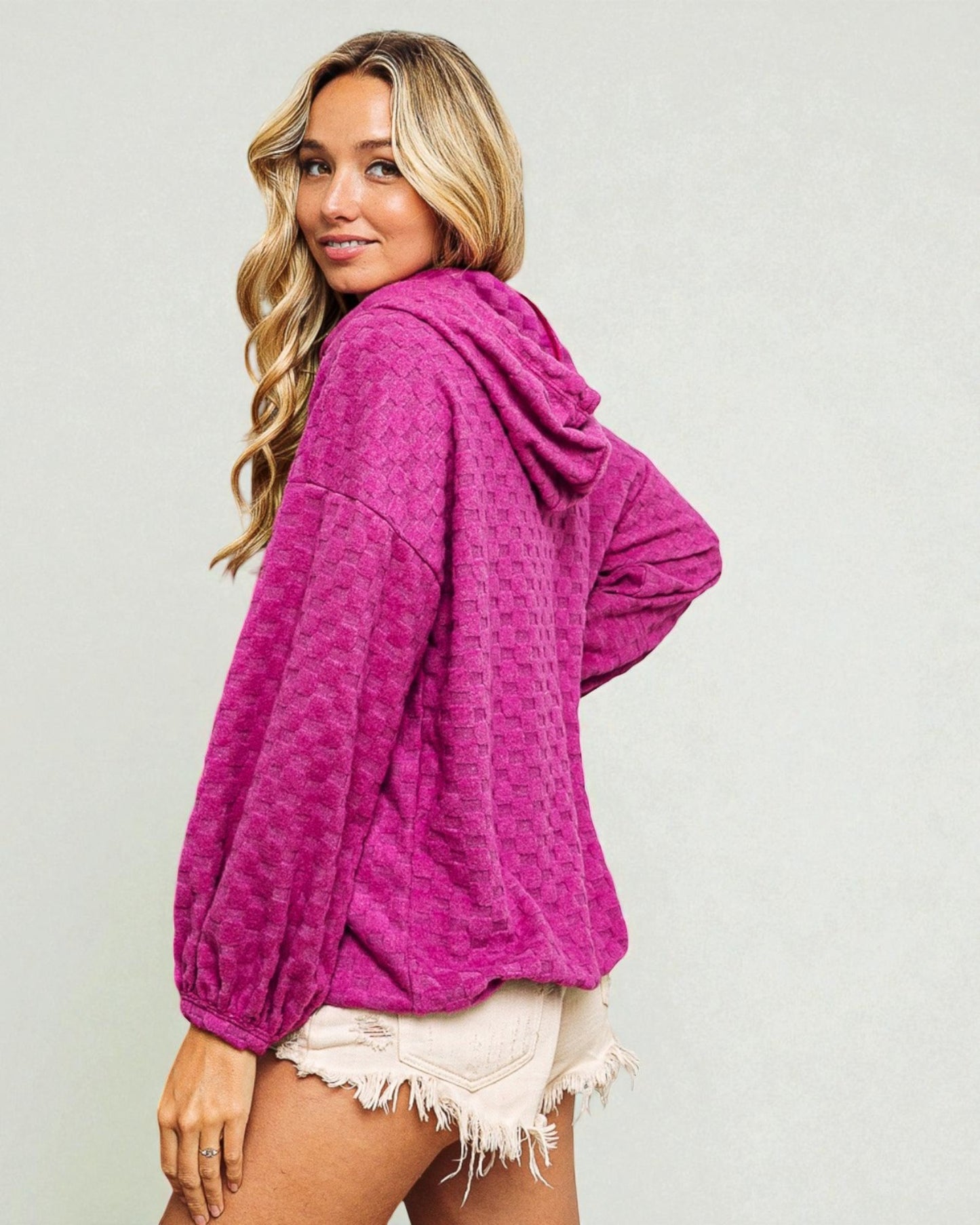 Magenta Textured Drawstring Hoodie