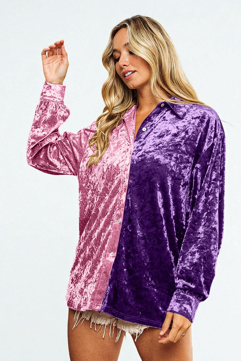Woman wearing a pink and purple crushed velvet shirt on a white background