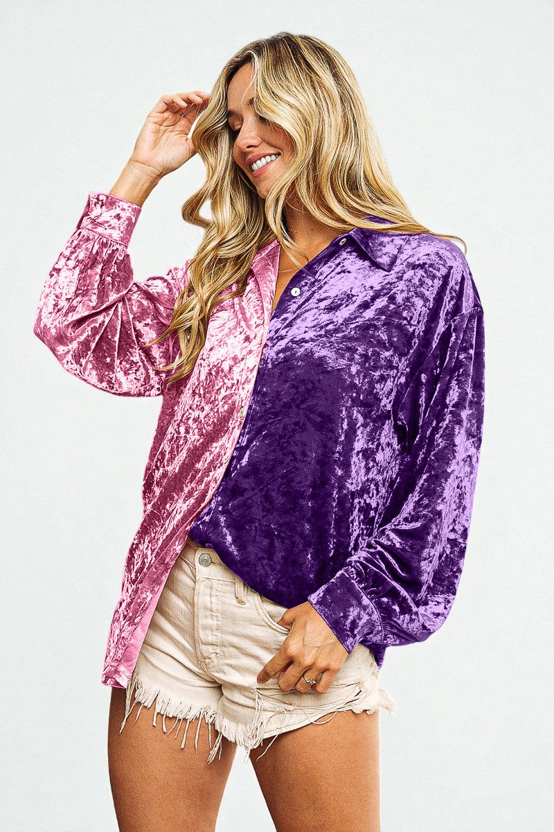 Woman wearing a two-tone pink and purple velvet shirt with white shorts on a light gray background