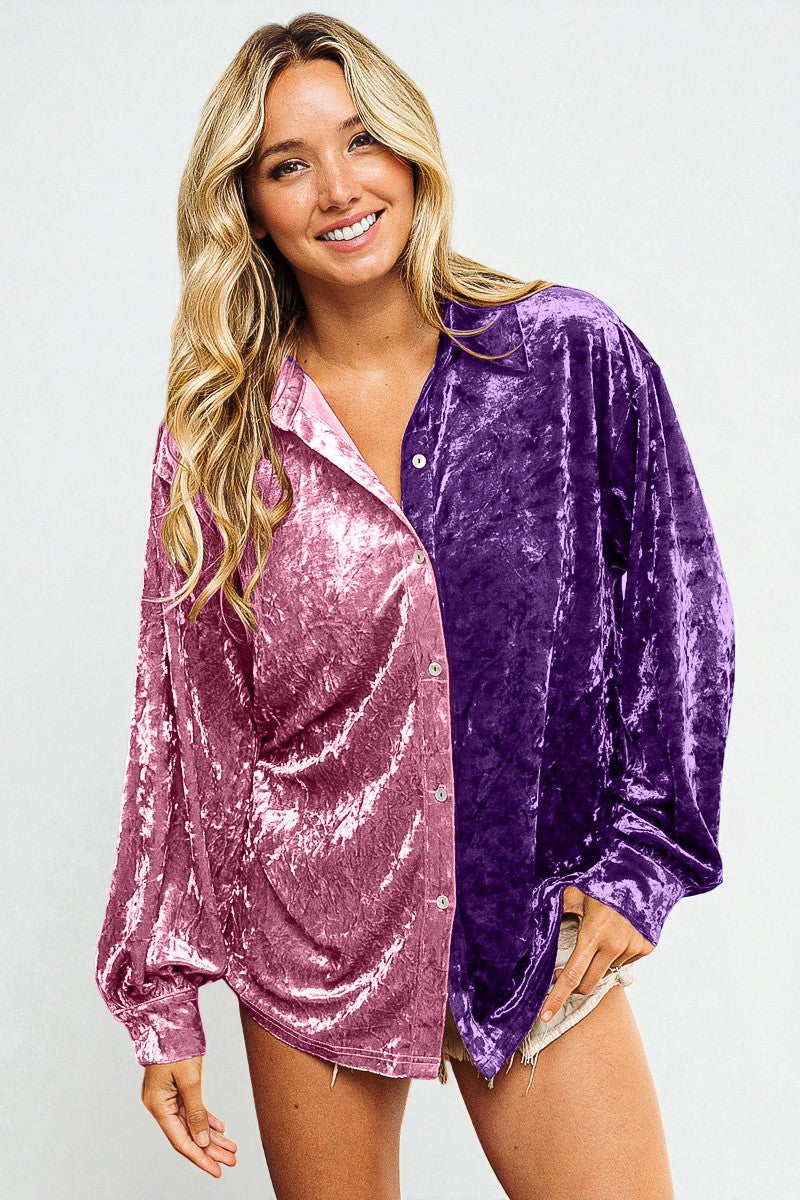 Woman wearing a two-tone purple and pink velvet shirt on a white background