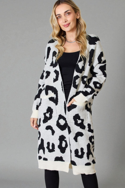 Ivory & Black Abstract Leopard Longline Cardigan