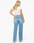 A woman shown from the back wearing light-wash blue wide-leg jeans, a white t-shirt, and silver high heels against a plain white background.