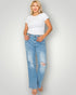 Woman wearing a white t-shirt and light blue jeans on a plain background