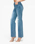 A person wearing light blue high-waisted straight-leg jeans with distressed rips on the knees, paired with clear high-heel sandals, shown against a plain white studio background.