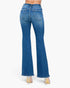 Blue high-waisted flare jeans shown from the back on a model, featuring a classic five-pocket design and a flared leg, paired with beige high heels against a plain white background.