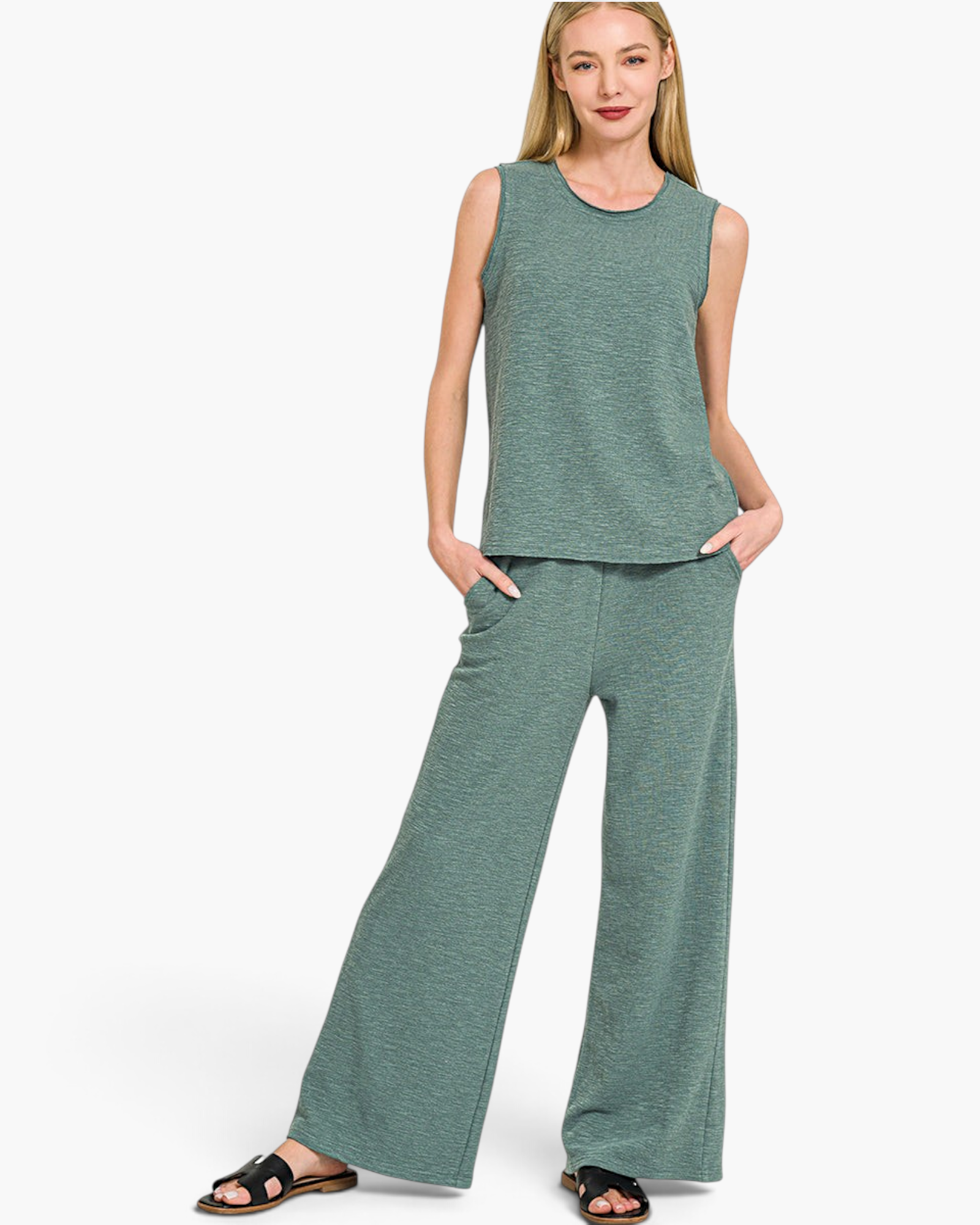 Beach Rose Co. sage green textured sleeveless top and wide-leg pants set with side pockets worn by a blonde model.