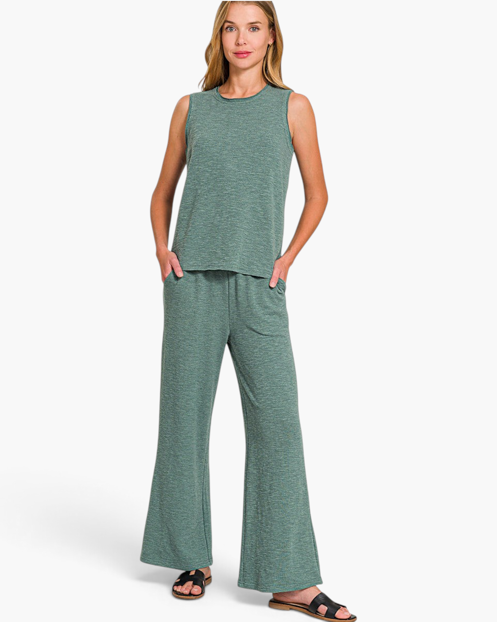 Beach Rose Co. sage green textured sleeveless crew-neck top and wide-leg pants set with side pockets on a model
