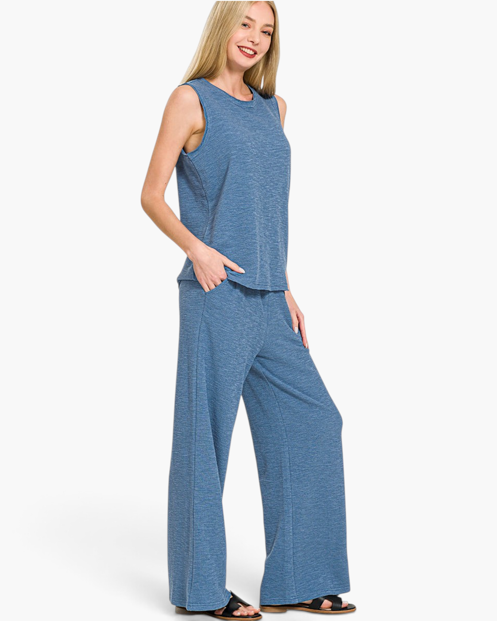 Beach Rose Co. blue textured sleeveless crew-neck top and wide-leg pants set with side pockets on a blonde model.