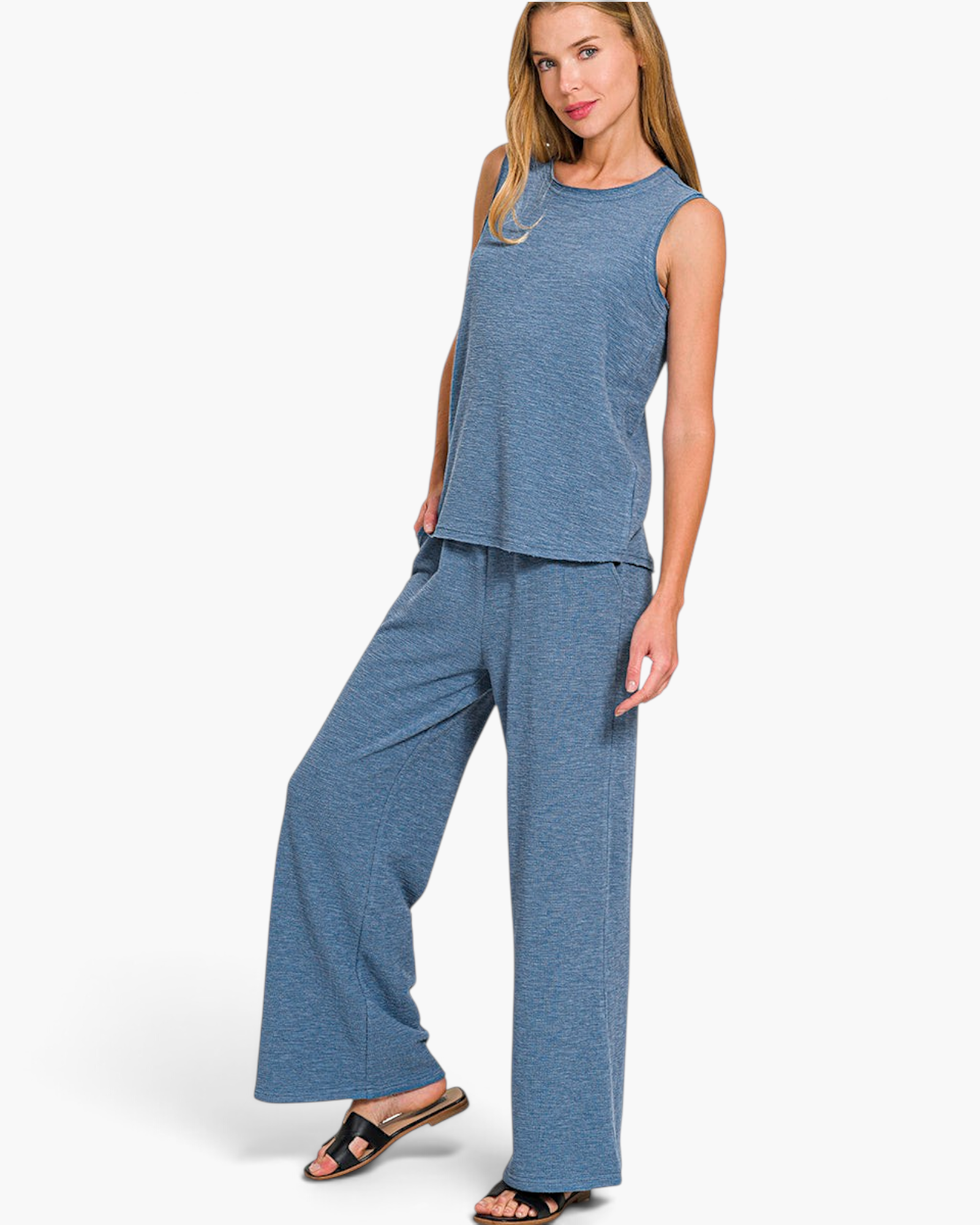 Beach Rose Co. blue textured sleeveless crew-neck top and wide-leg pants set worn by a blonde model.