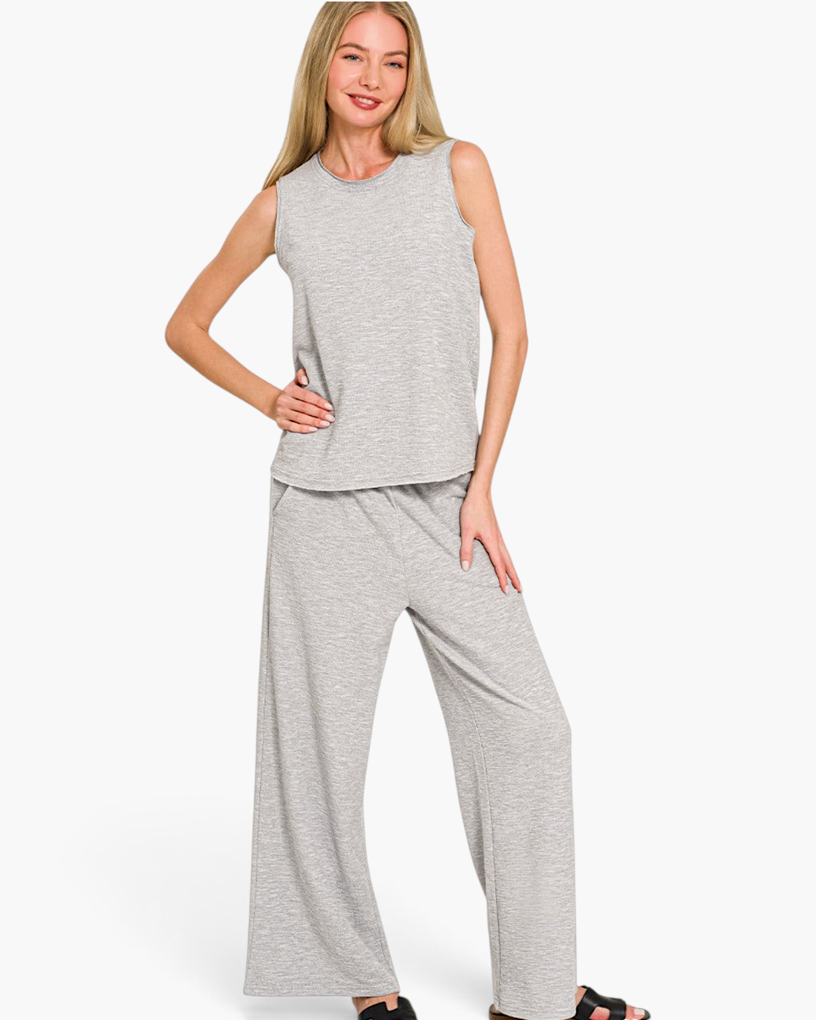 Beach Rose Co. grey textured sleeveless crew-neck top and wide-leg pants set with side pockets on a blonde model