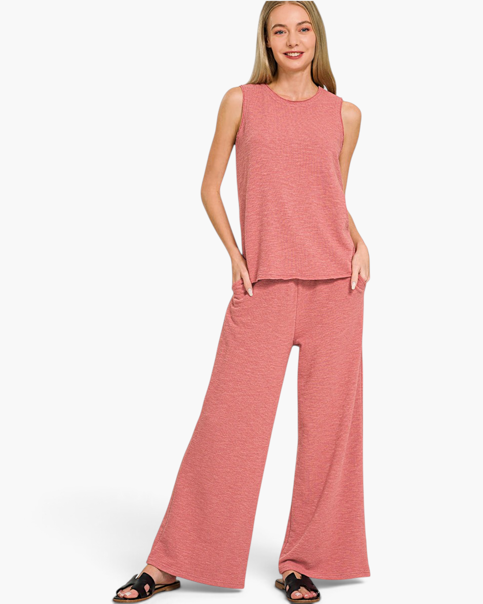 Beach Rose Co. dusty rose textured sleeveless crew-neck top and wide-leg pants set with side pockets on a model