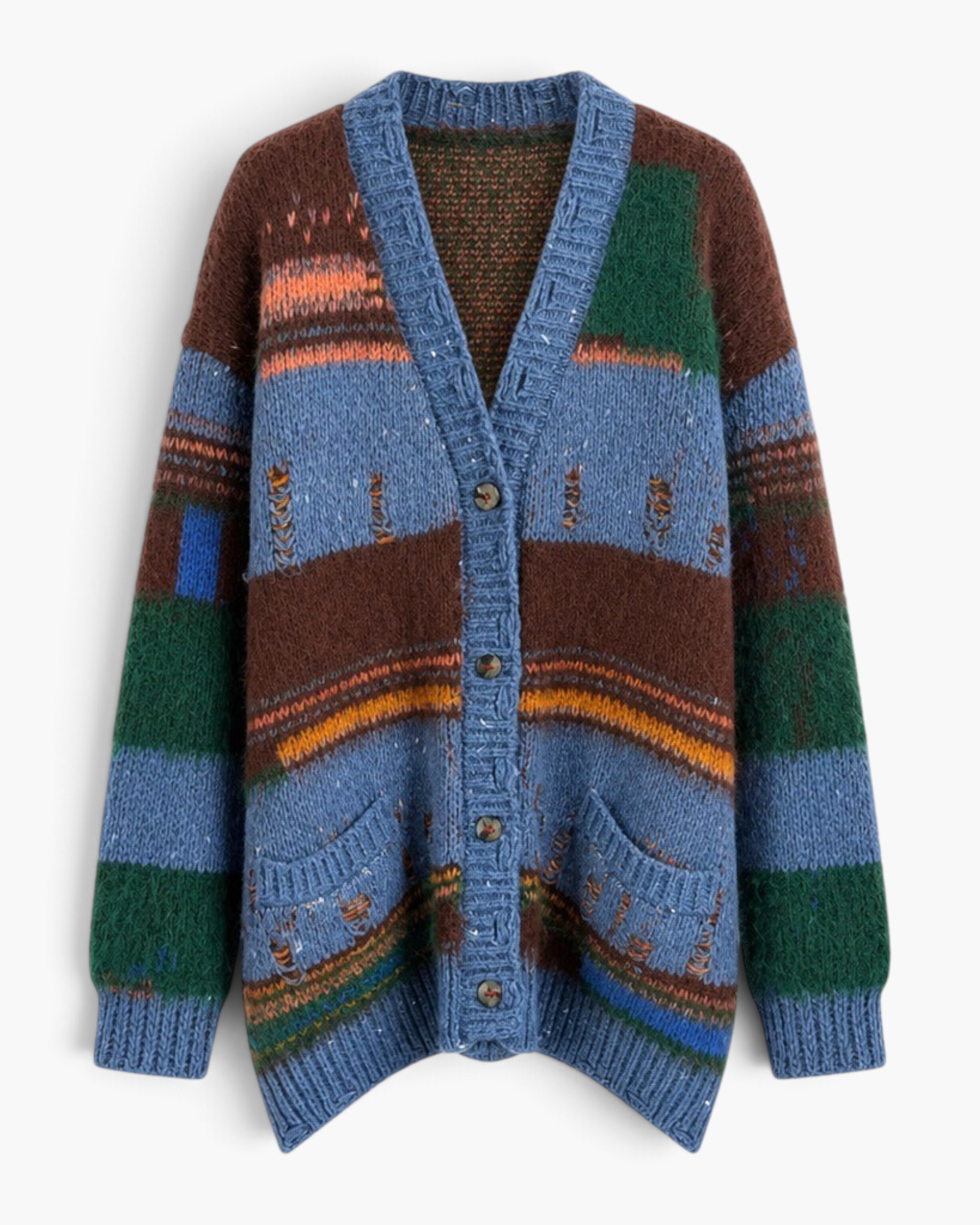 Beach Rose Co. relaxed patchwork knit cardigan featuring blue, brown, and green stripes with open knit details.