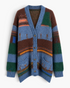 Beach Rose Co. relaxed patchwork knit cardigan featuring blue, brown, and green stripes with open knit details.