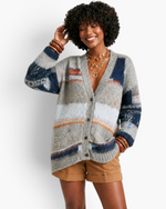 Beach Rose Co. model wearing a grey patchwork knit cardigan with stripes, button front, and patch pockets.
