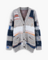 Beach Rose Co. grey patchwork knit cardigan with button front, patch pockets, and multi-colored striped details.