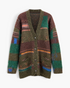 Beach Rose Co. relaxed patchwork knit cardigan in olive green and brown with button front and patch pockets.