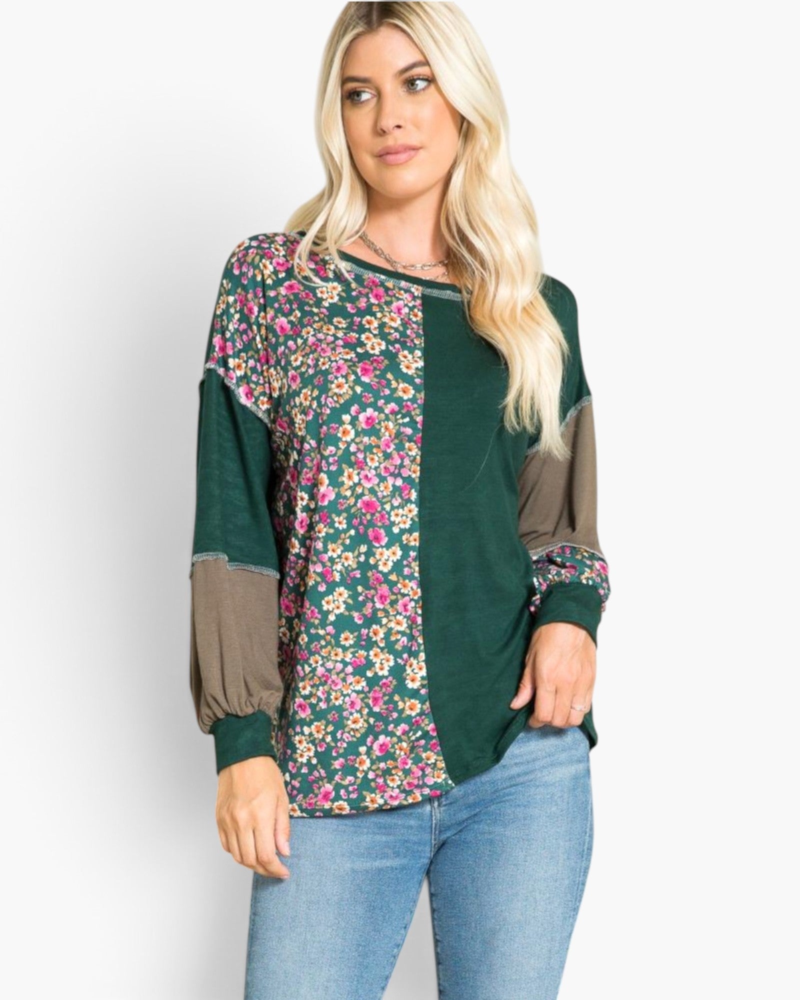 T-shirt à imprimé floral et coutures apparentes en vert chasseur
