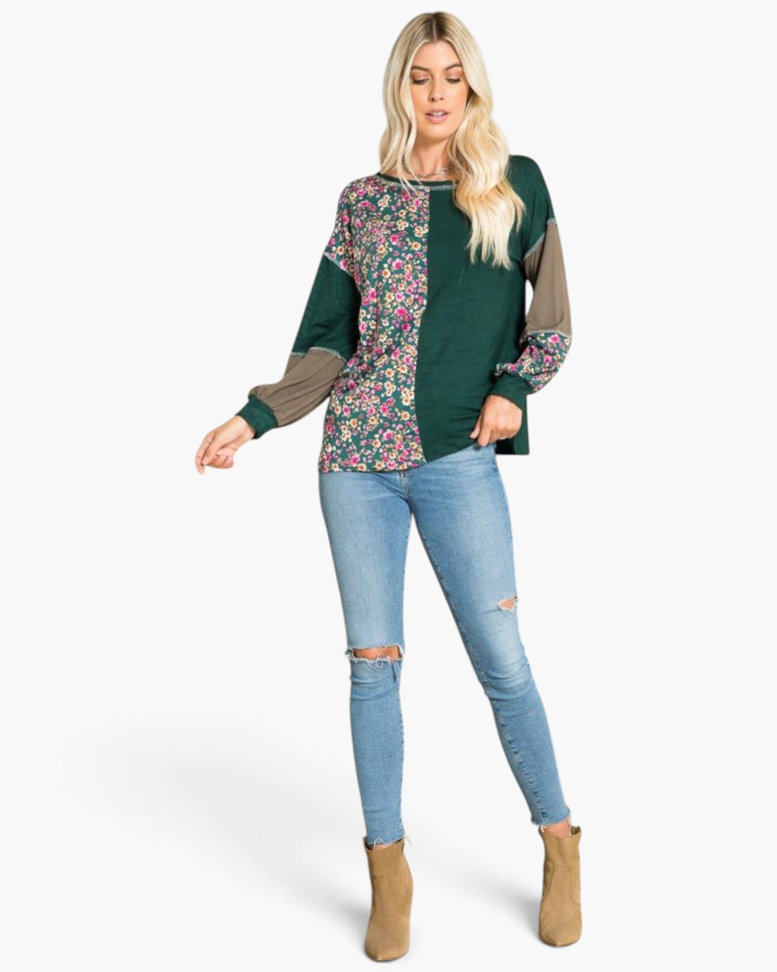 T-shirt à imprimé floral et coutures apparentes en vert chasseur