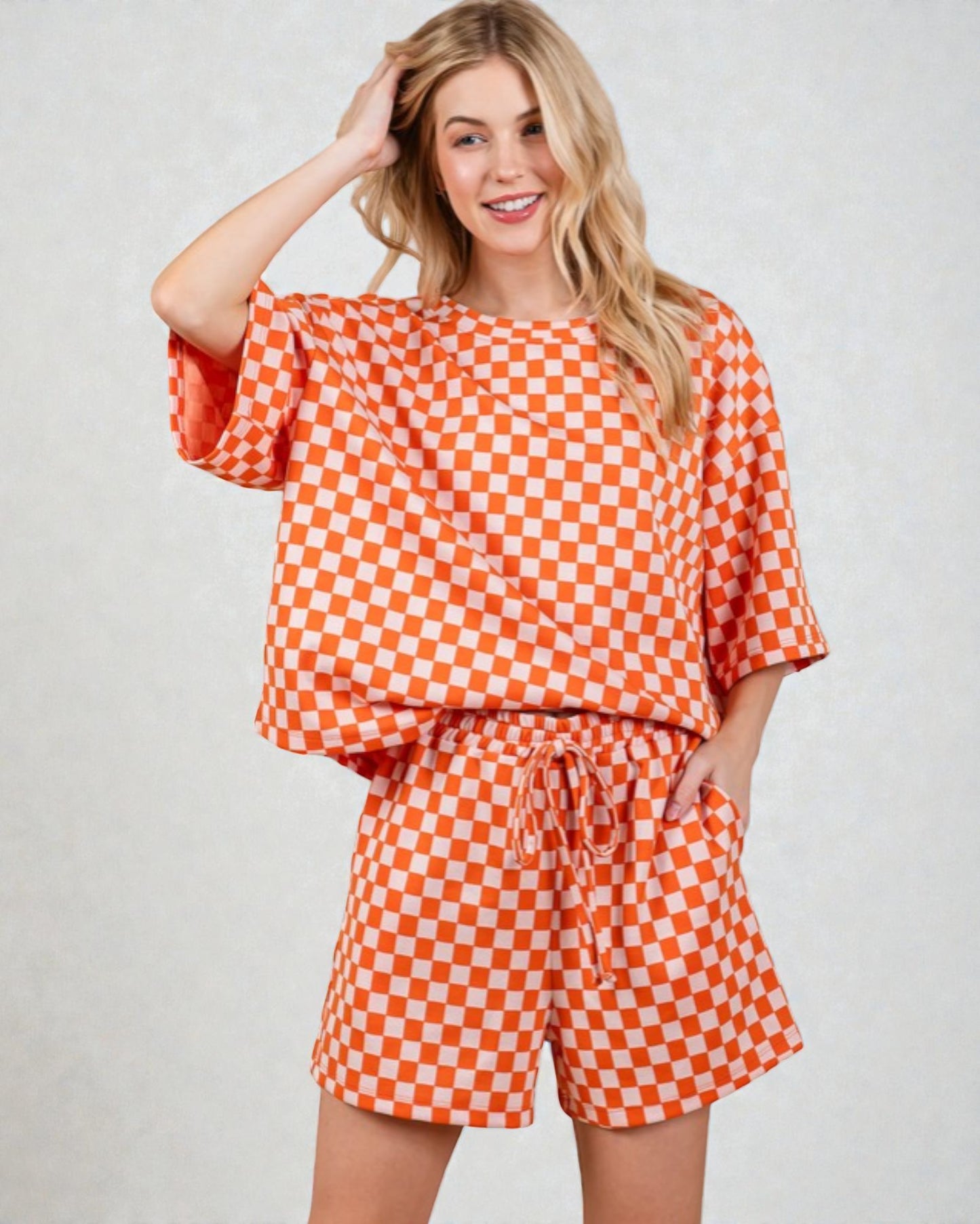 Orange Checkered Top and Shorts Set