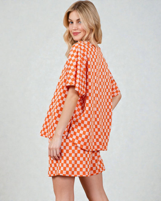 Orange Checkered Top and Shorts Set