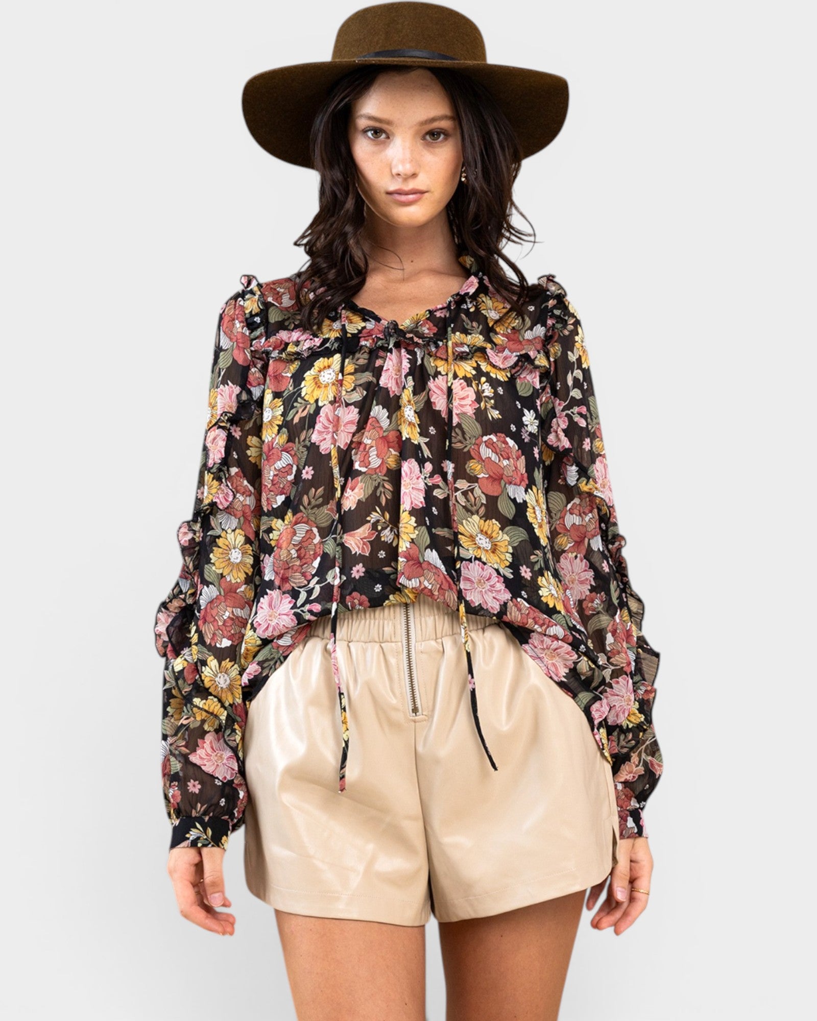 Black Floral Ruffle Tie-Neck Blouse