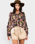Black Floral Ruffle Tie-Neck Blouse