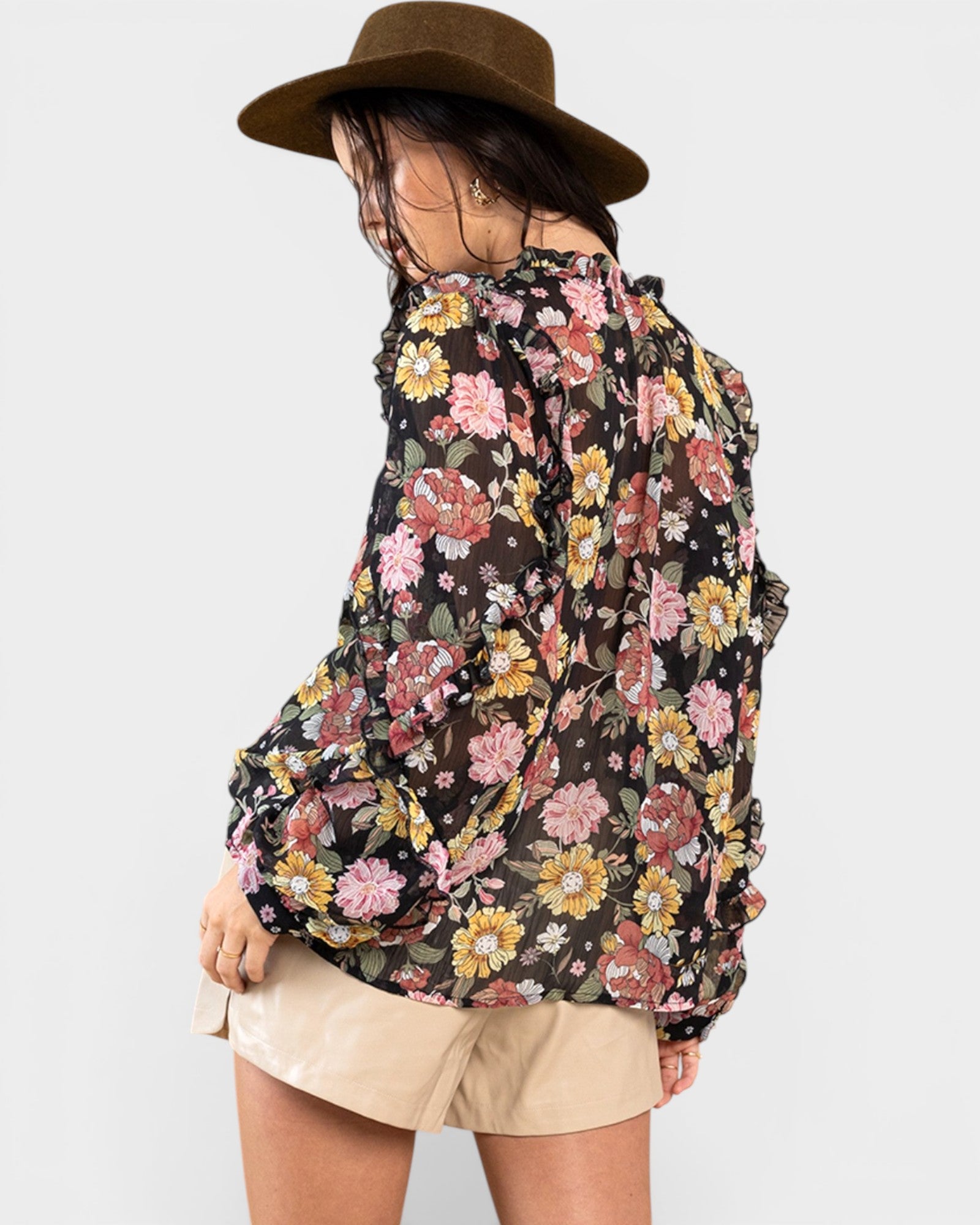 Black Floral Ruffle Tie-Neck Blouse