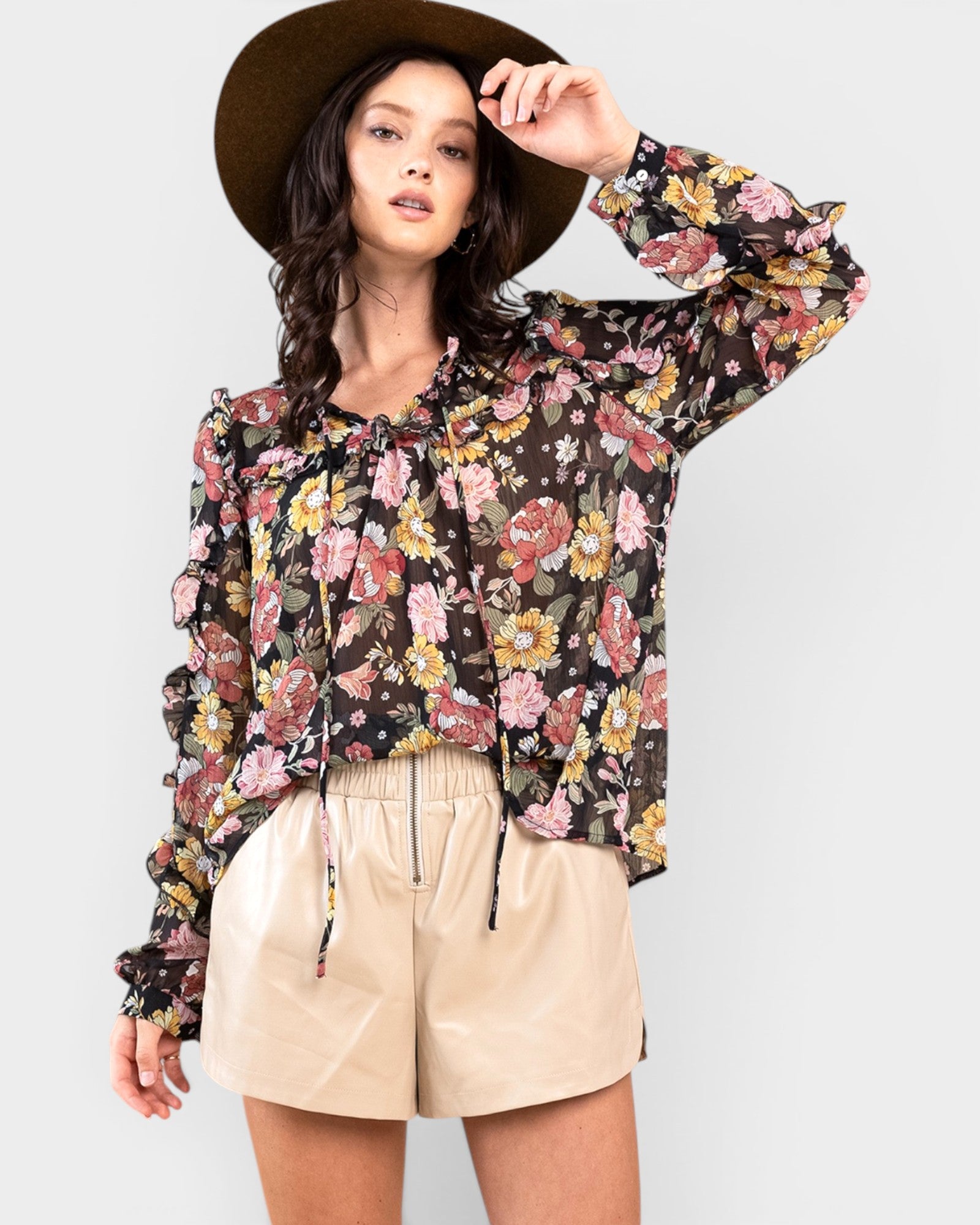 Black Floral Ruffle Tie-Neck Blouse