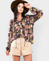 Black Floral Ruffle Tie-Neck Blouse