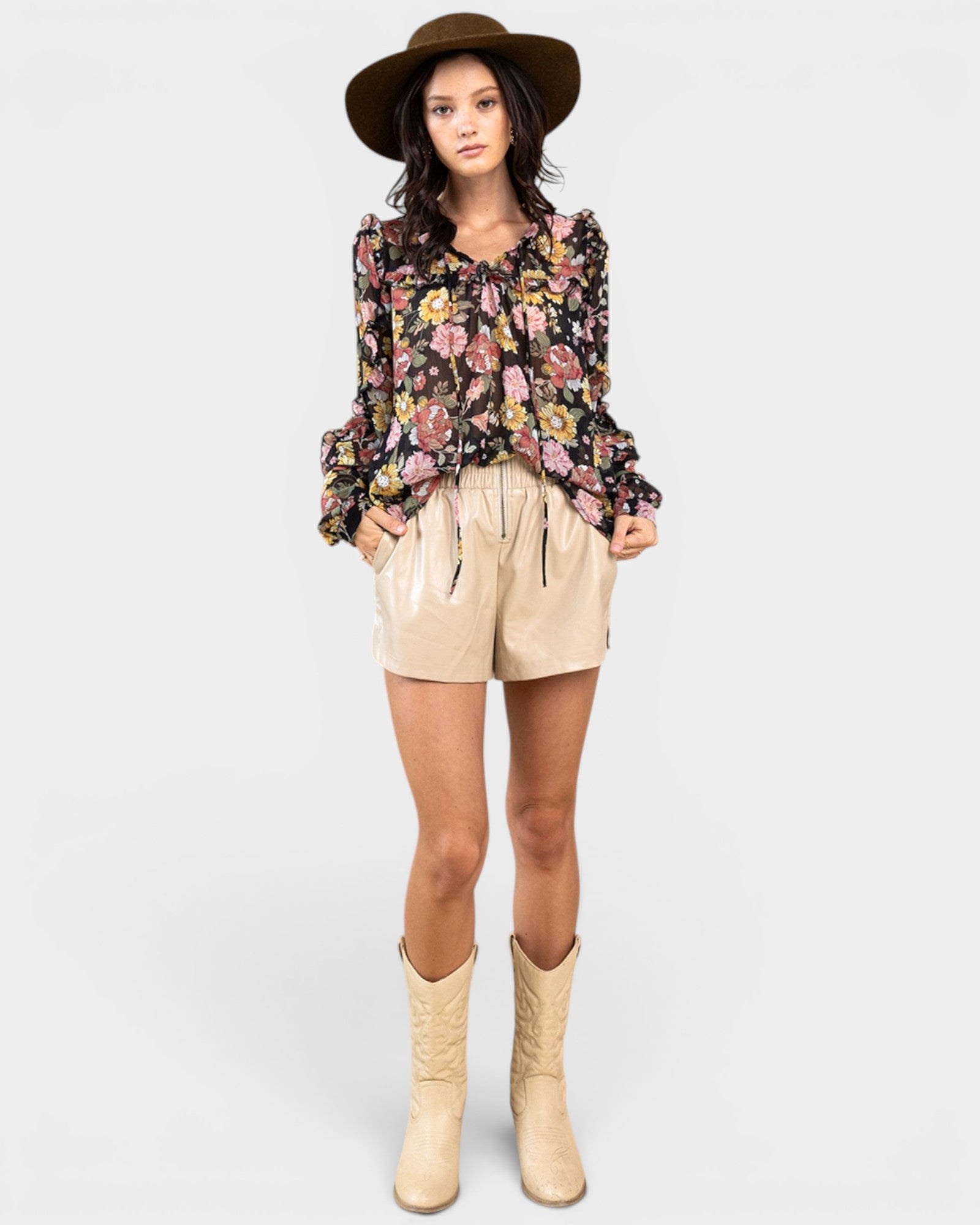 Black Floral Ruffle Tie-Neck Blouse