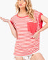 A woman modeling a red and white striped short-sleeve t-shirt with a solid red chest pocket, set against a plain white background.