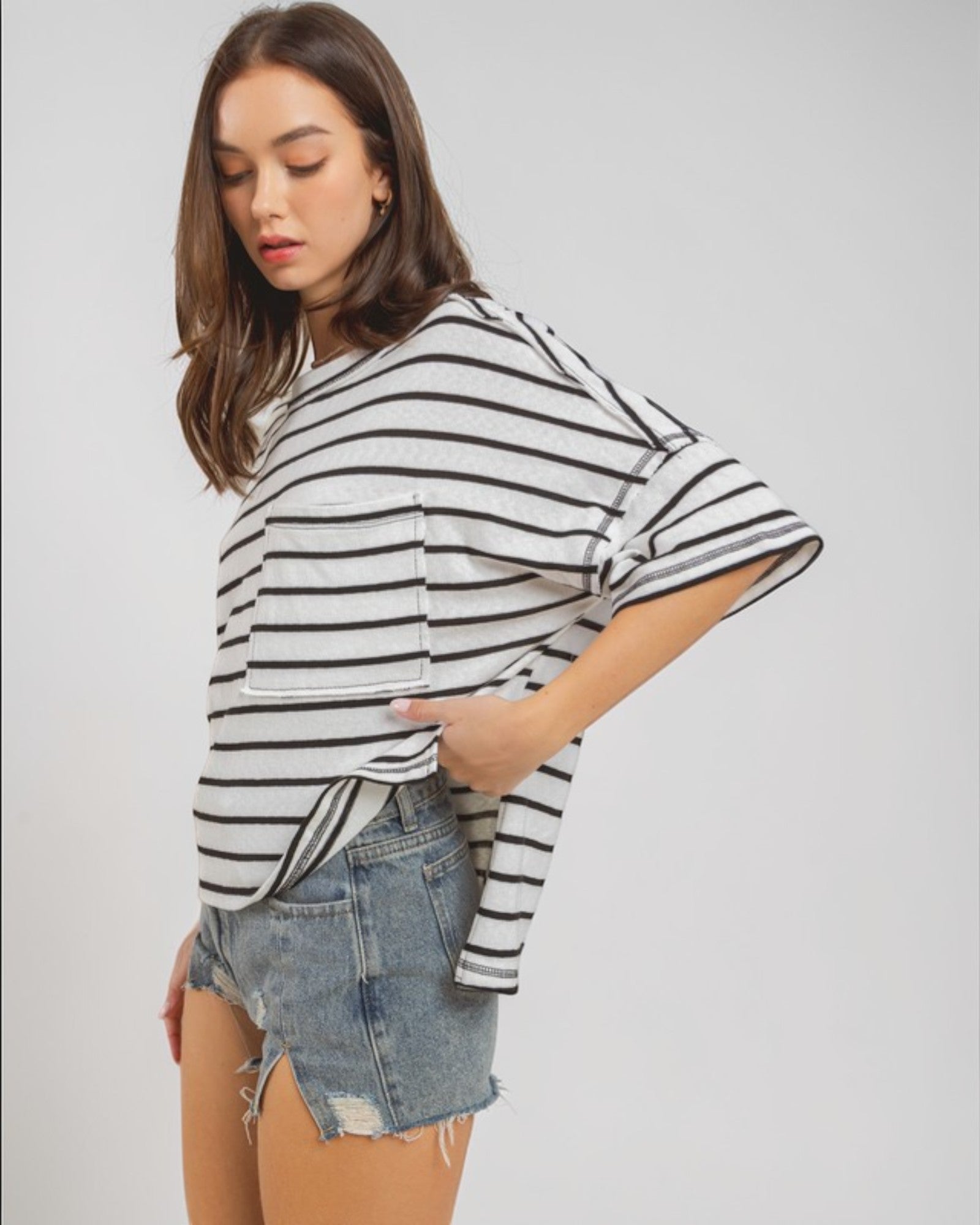 White & Black Striped Pocket Tee