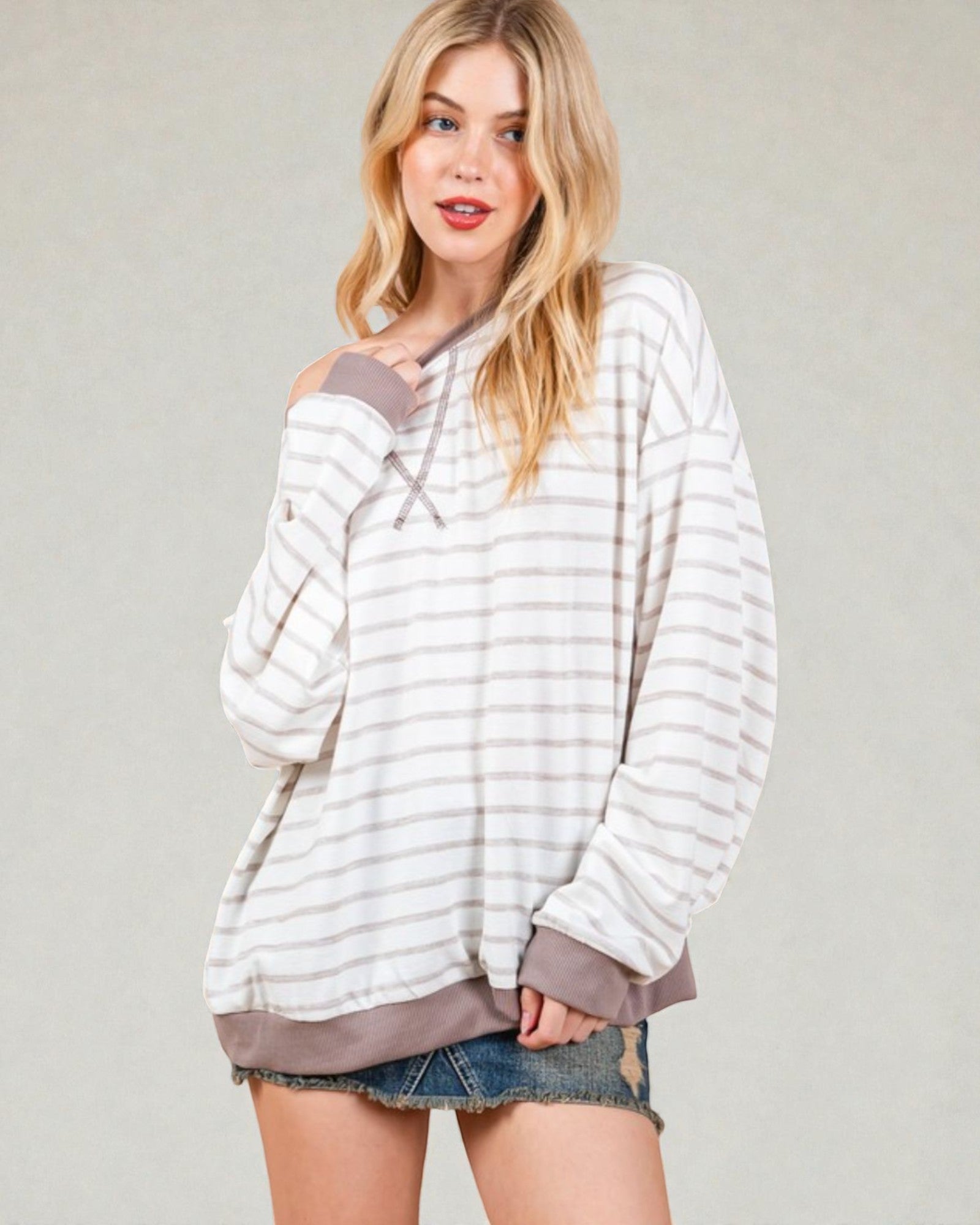 Taupe & Mocha Striped Pullover